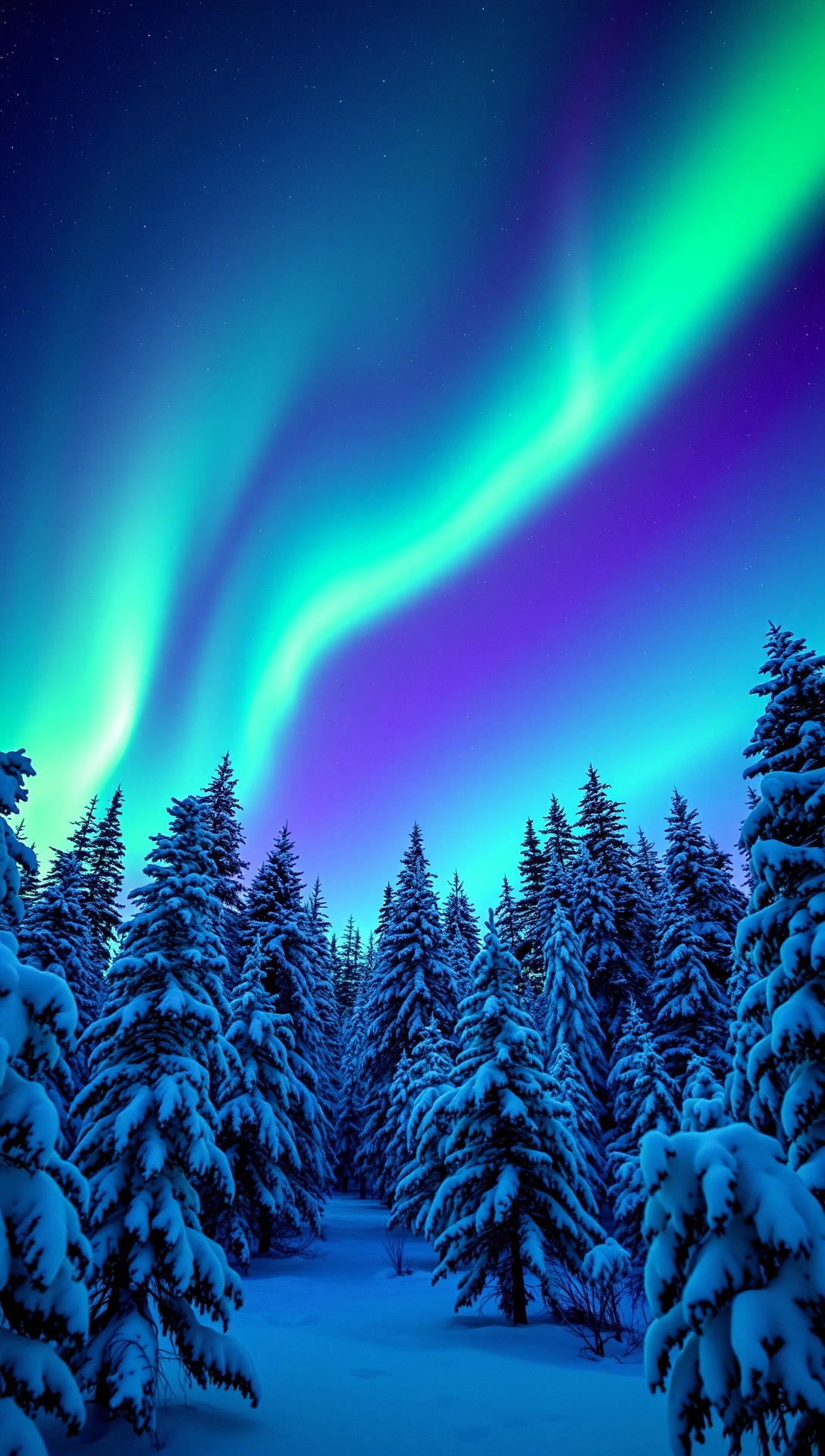 Northern lights aurora borealis over snowy pine forest, green and purple sky, winter night