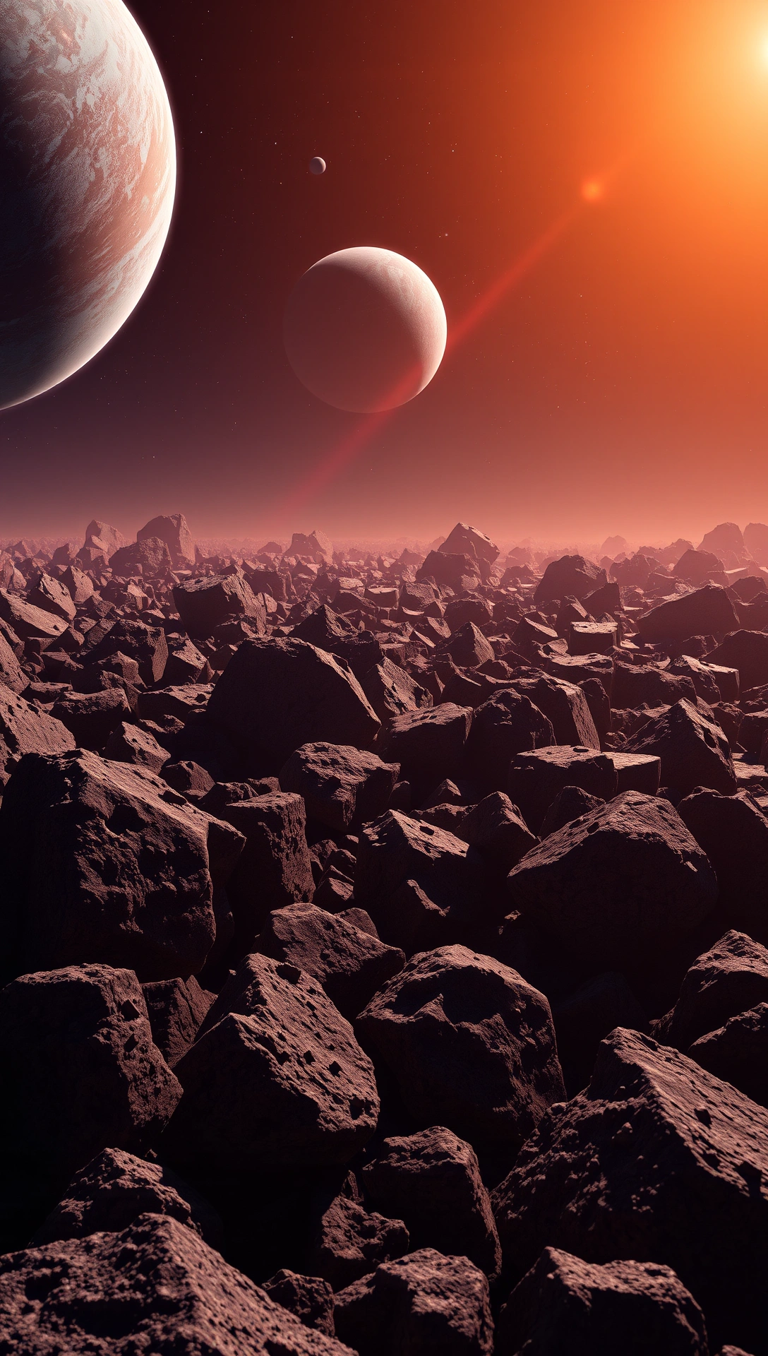 Asteroid field with distant planets and cosmic glow