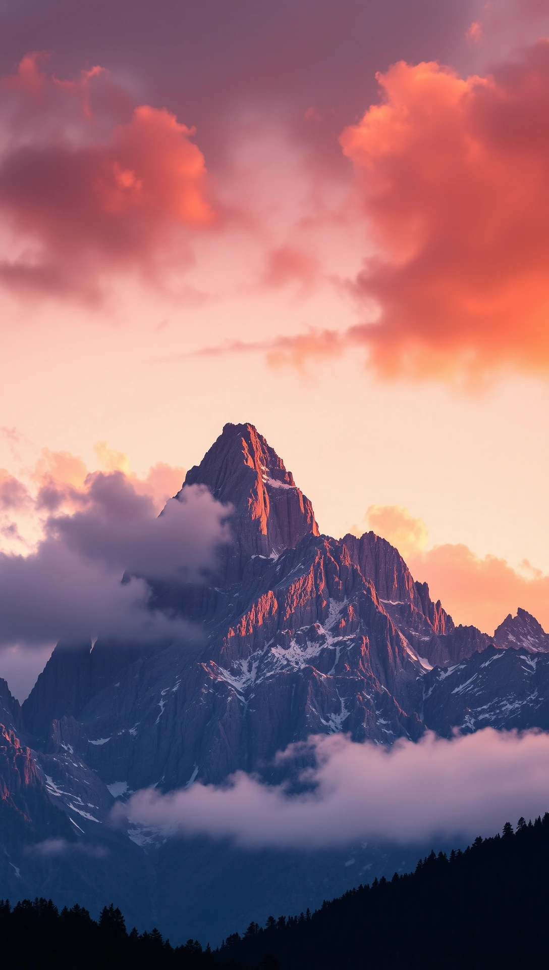 Majestic mountain peaks at golden hour sunset, dramatic clouds, warm orange and pink sky