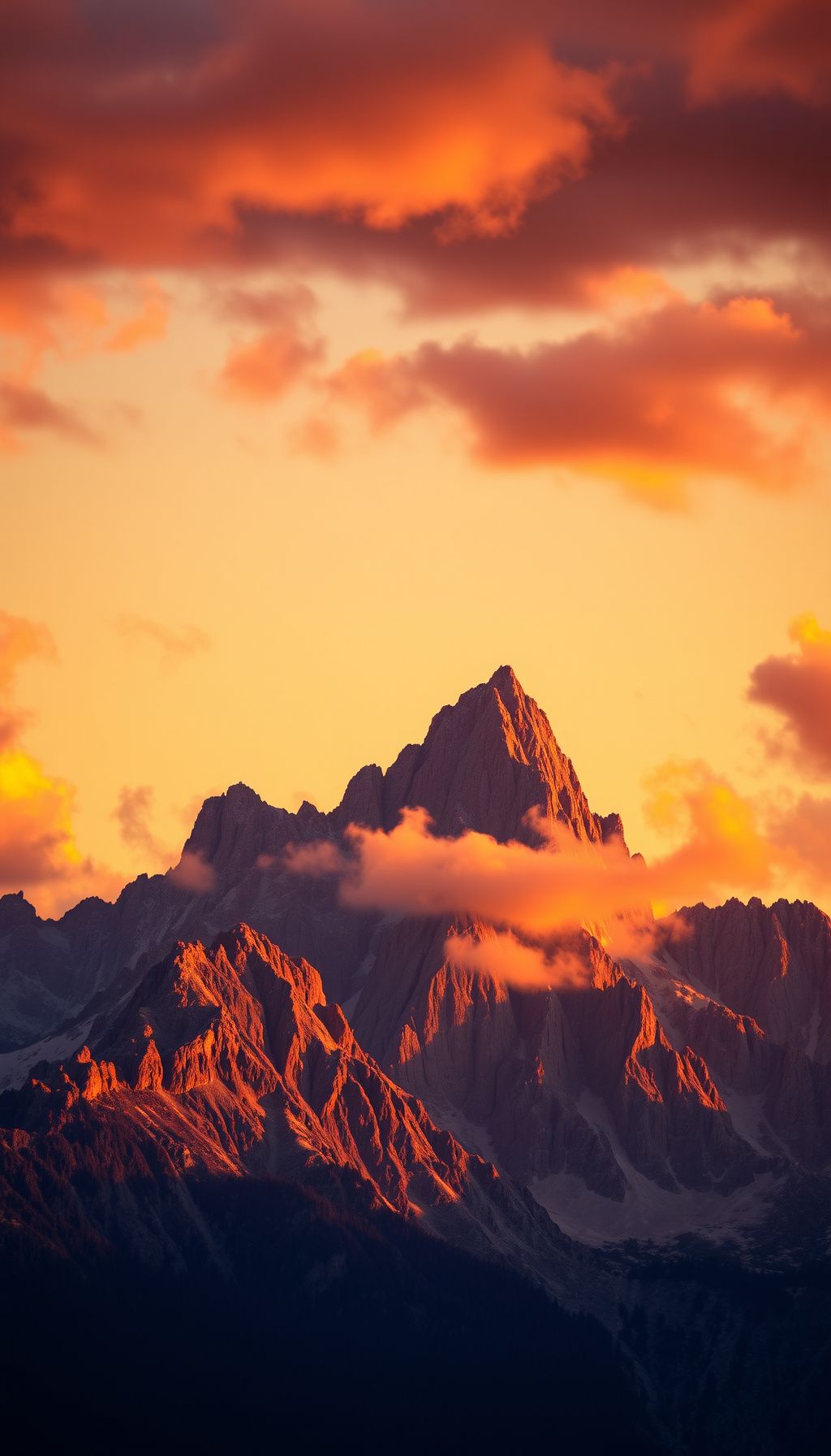 Majestic mountain peaks at golden hour sunset, dramatic clouds, warm orange and pink sky