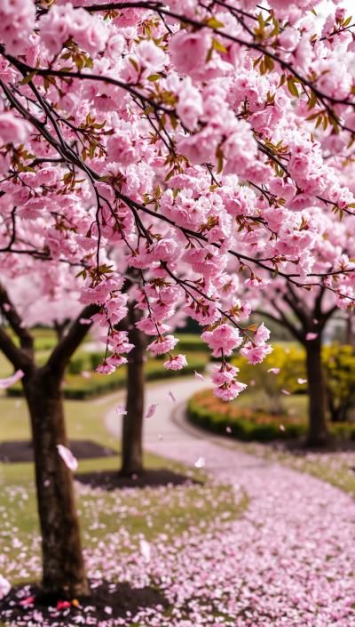 Cherry blossom trees in full bloom, pink petals falling, peaceful Japanese garden