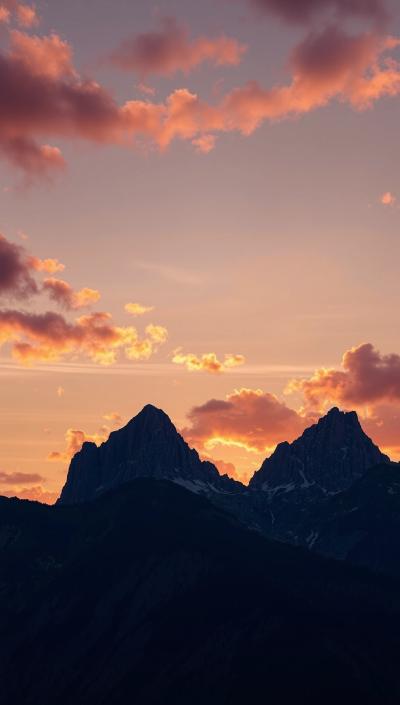 Majestic mountain peaks at golden hour sunset, dramatic clouds, warm orange and pink sky