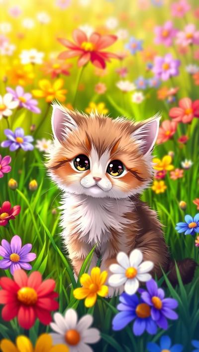 Adorable fluffy kitten sitting in a colorful flower field, big eyes, soft lighting