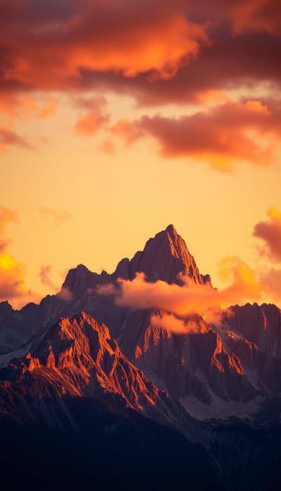Majestic mountain peaks at golden hour sunset, dramatic clouds, warm orange and pink sky
