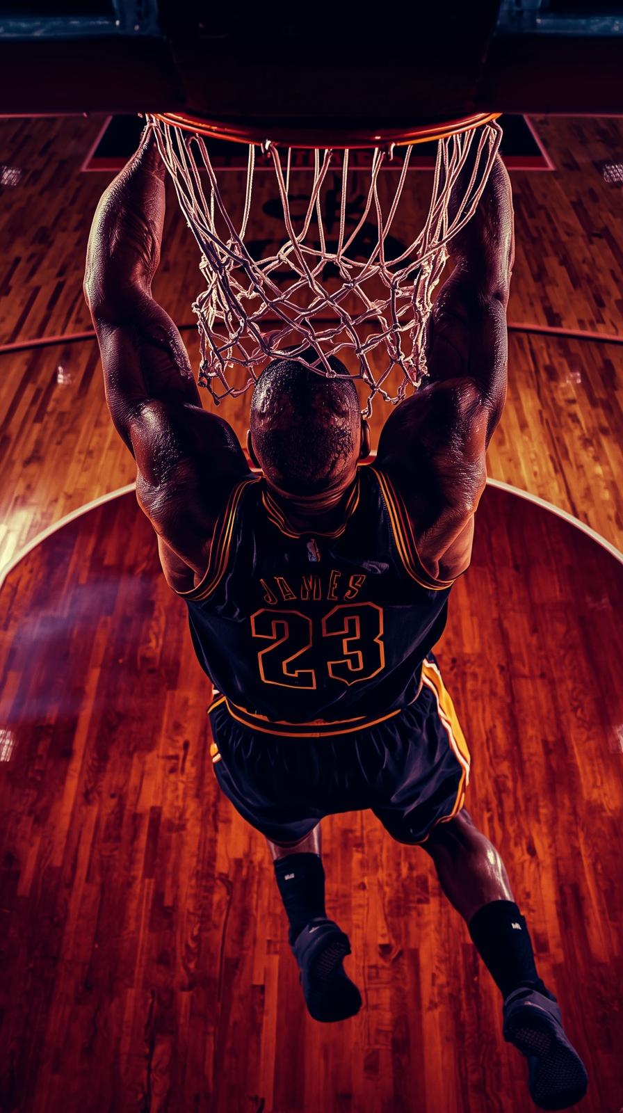 Close Up Of LeBron James Going Up For A Dunk Court