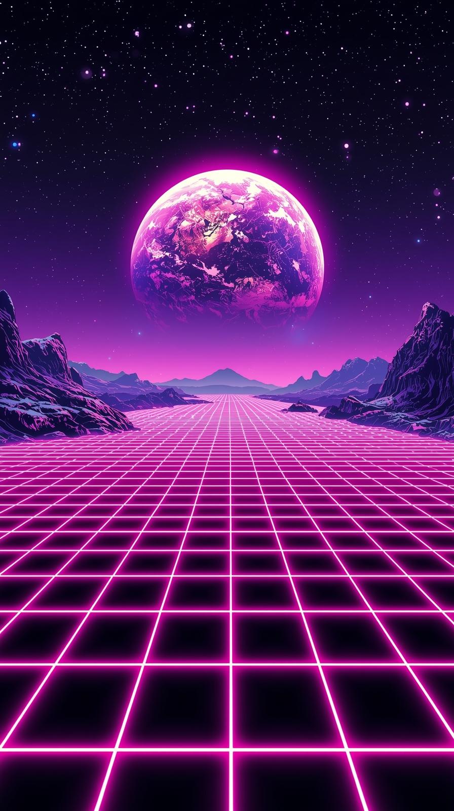 Synthwave Space Grid And Planet