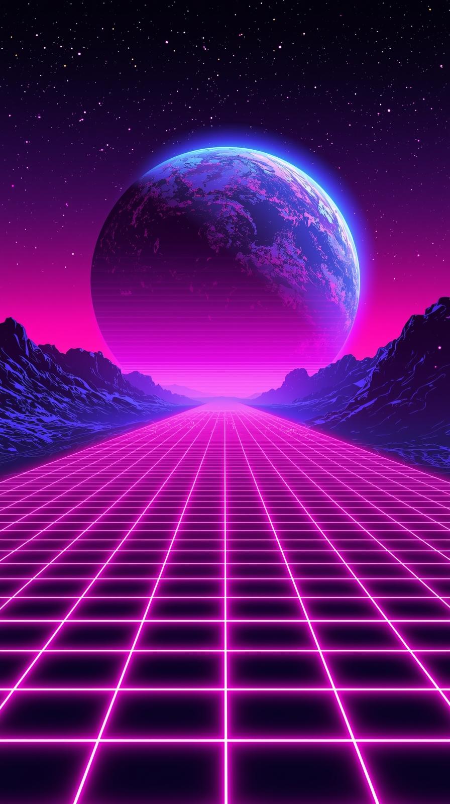 Synthwave Space Grid And Planet