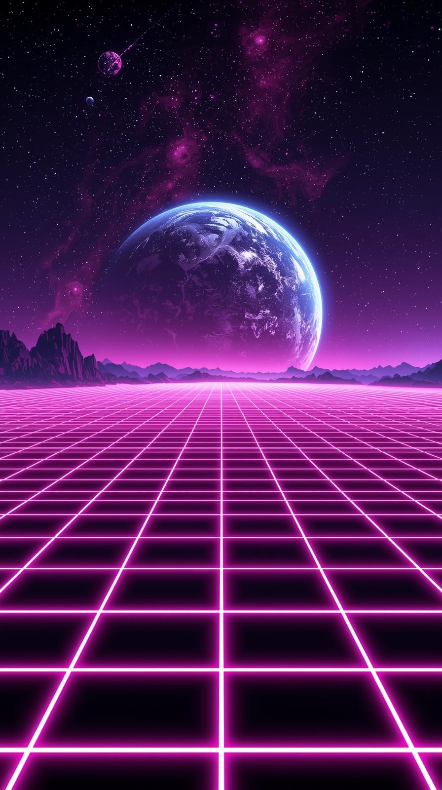 Synthwave Space Grid And Planet