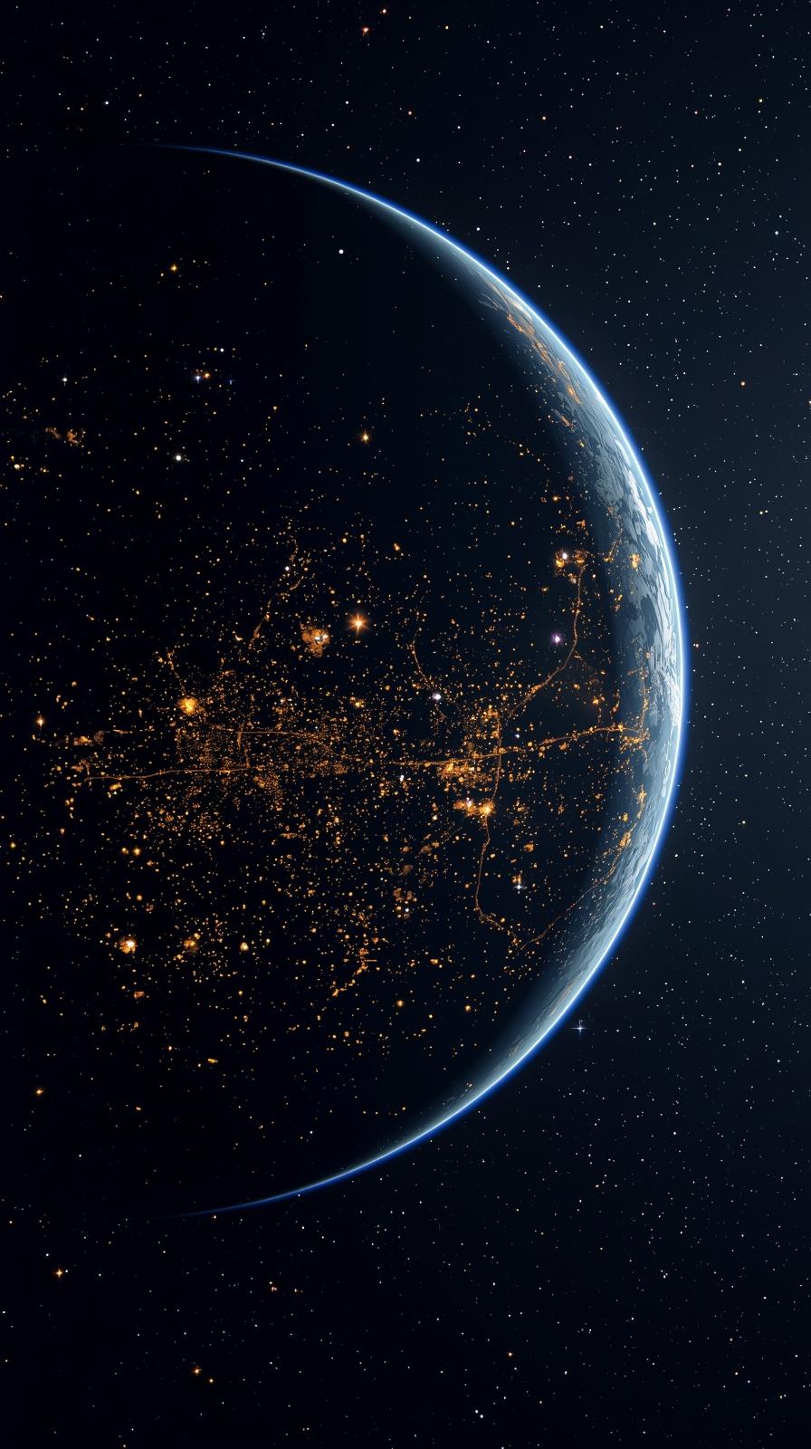 Crescent Planet ONight Side City Lights From Orbit