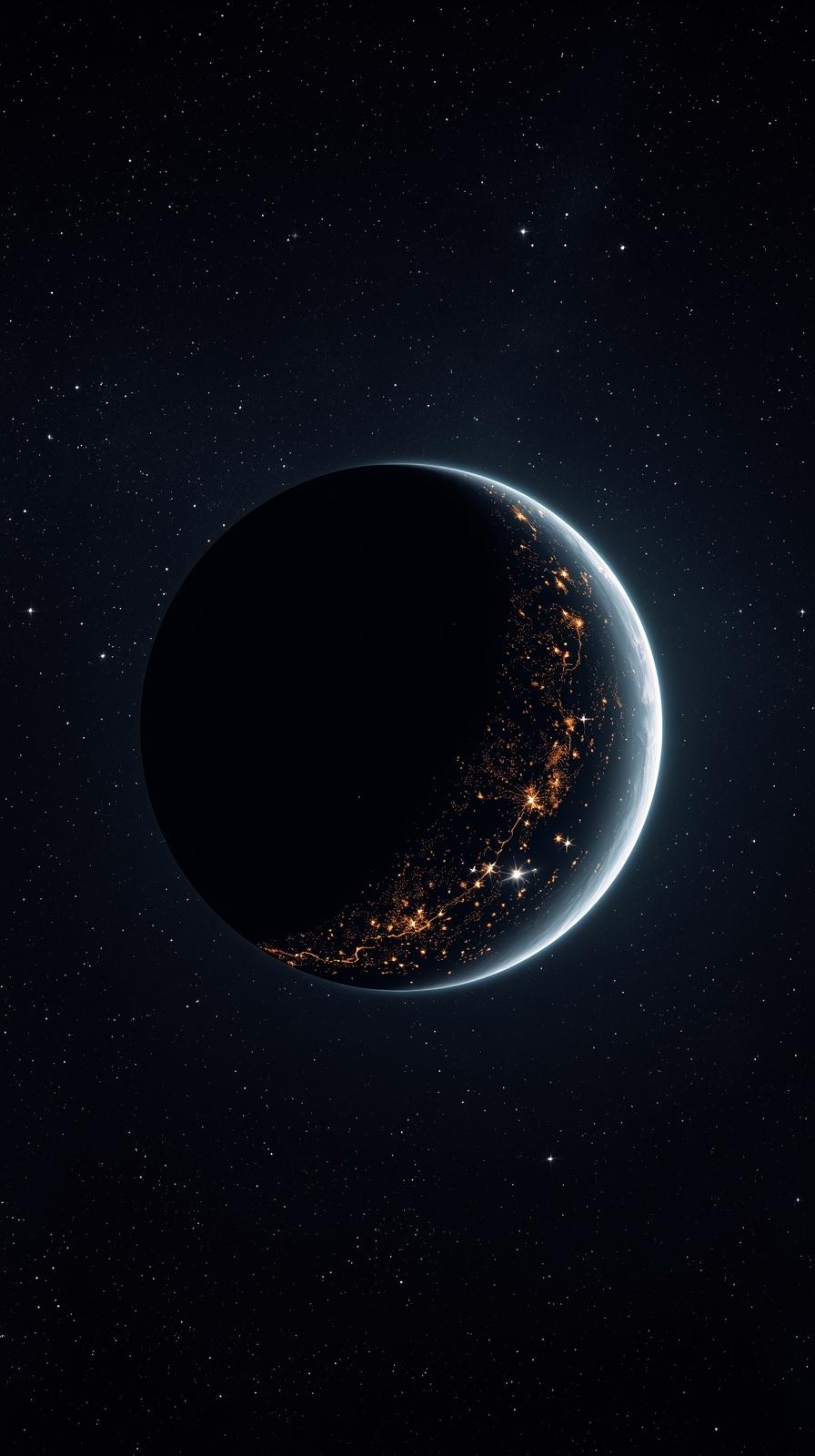 Crescent Planet ONight Side City Lights From Orbit