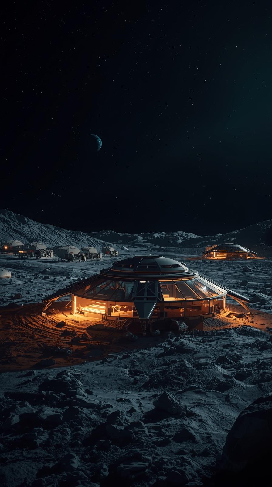 Lunar Base Lights At Night