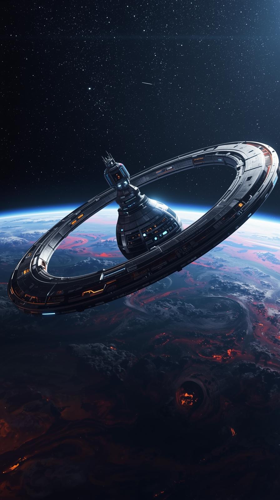 Futuristic Ring Station Over Planet