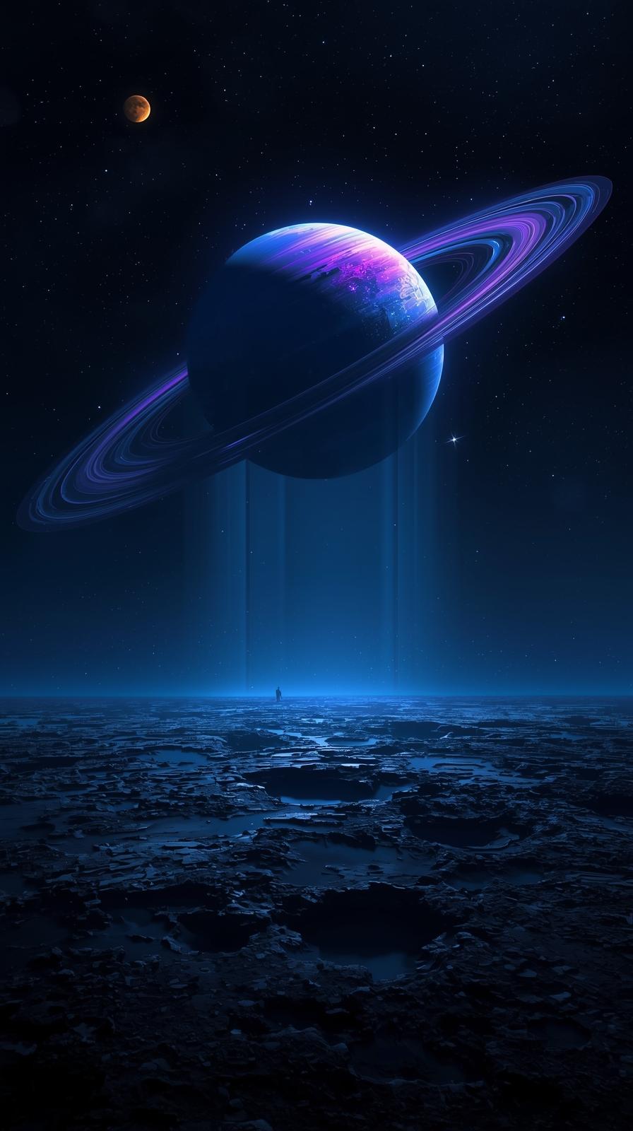 Ringed Planet BacTwin Moons Over Crater Plainklit