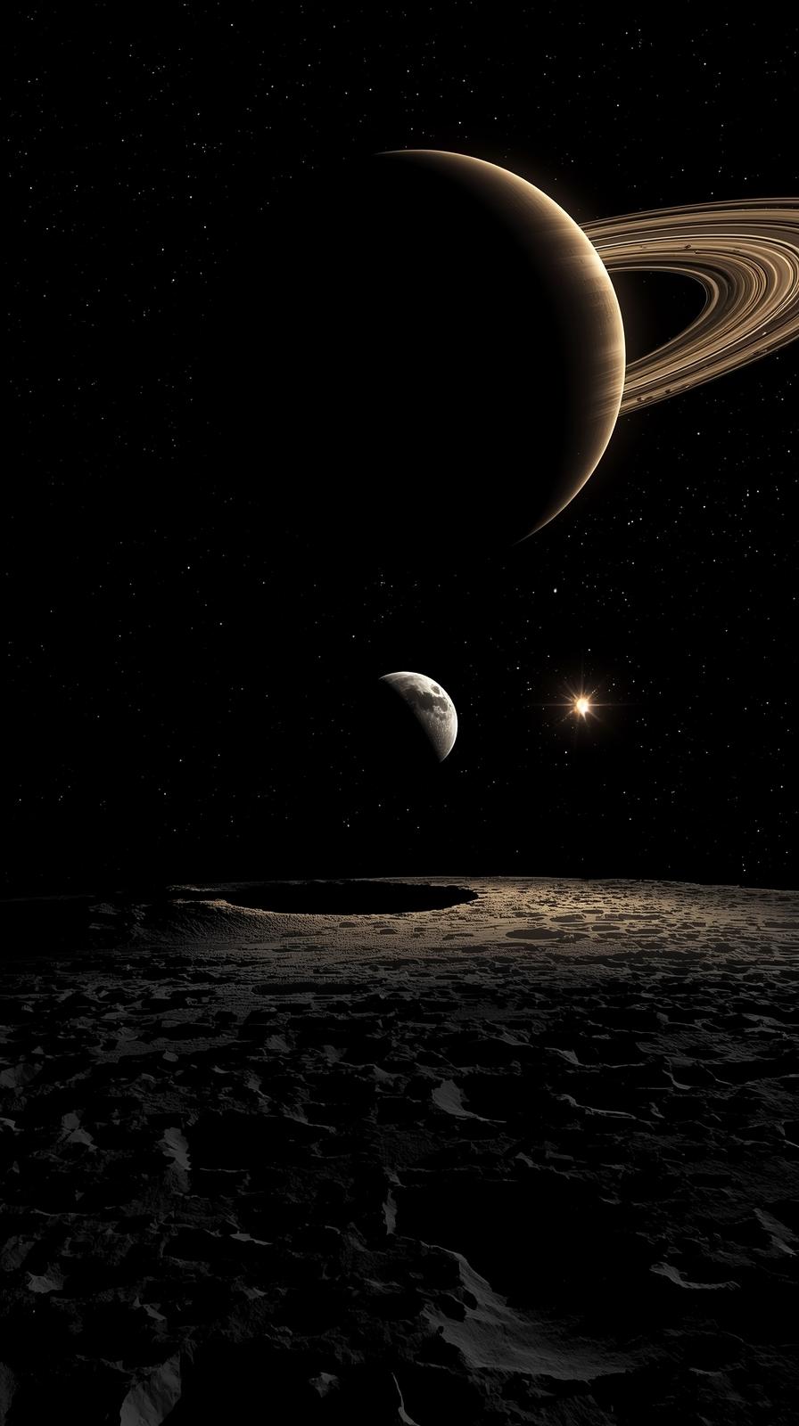 Ringed Planet BacTwin Moons Over Crater Plainklit