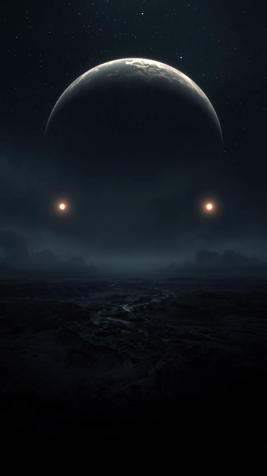 Ringed Planet BacTwin Moons Over Crater Plainklit