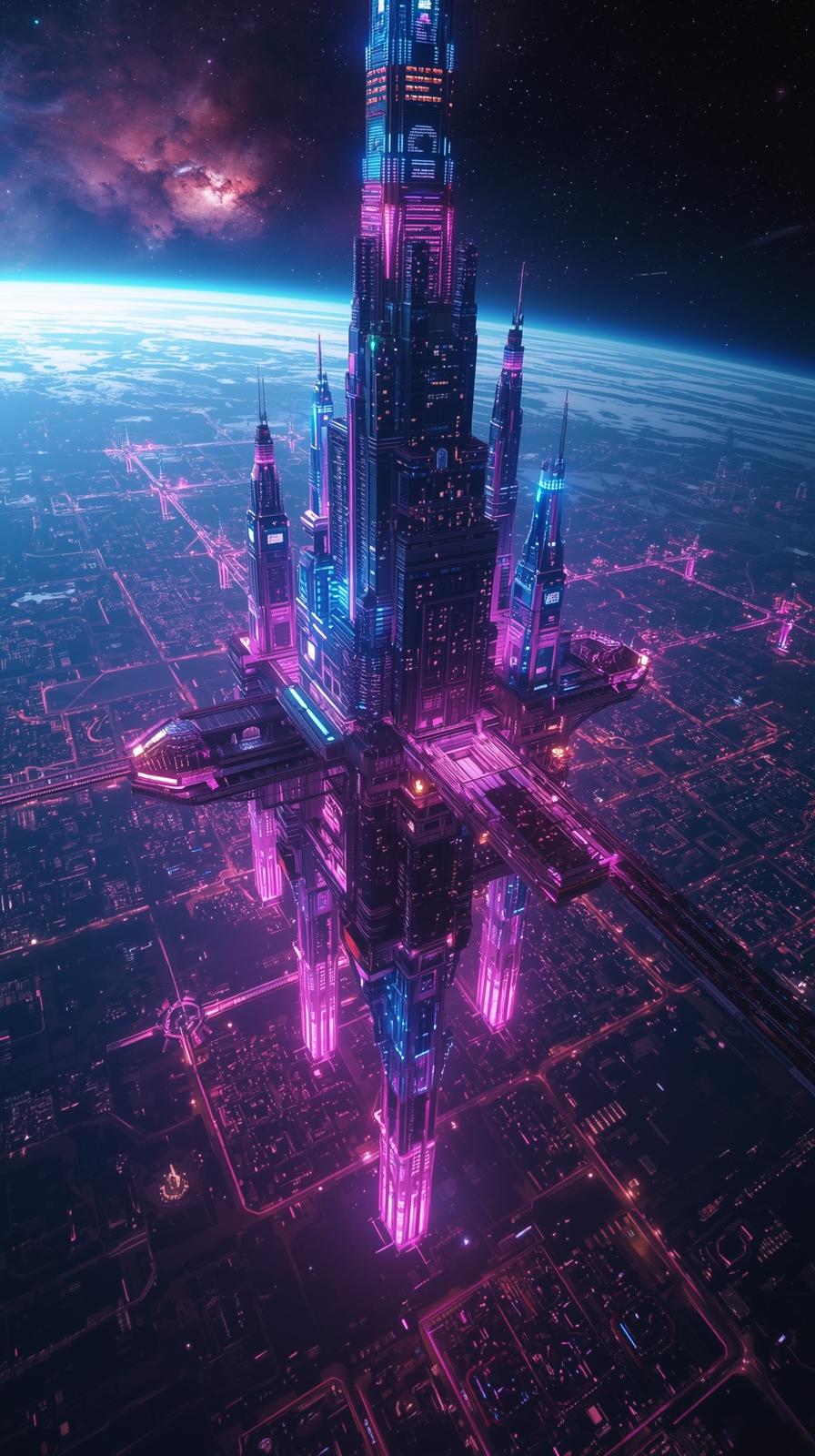 Neon Space City In Orbit