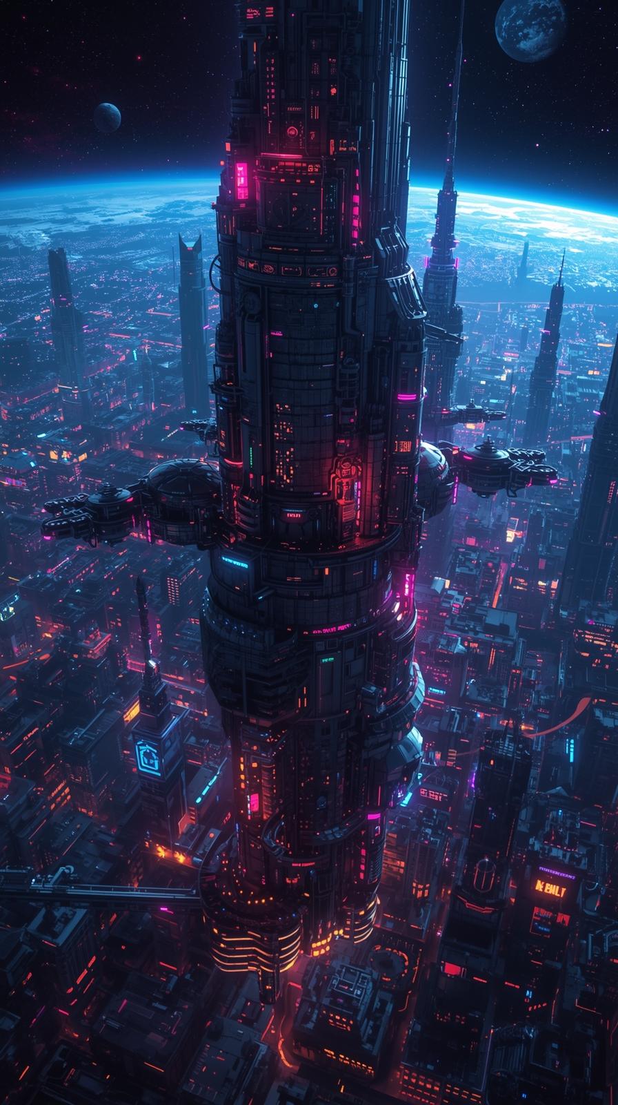 Neon Space City In Orbit