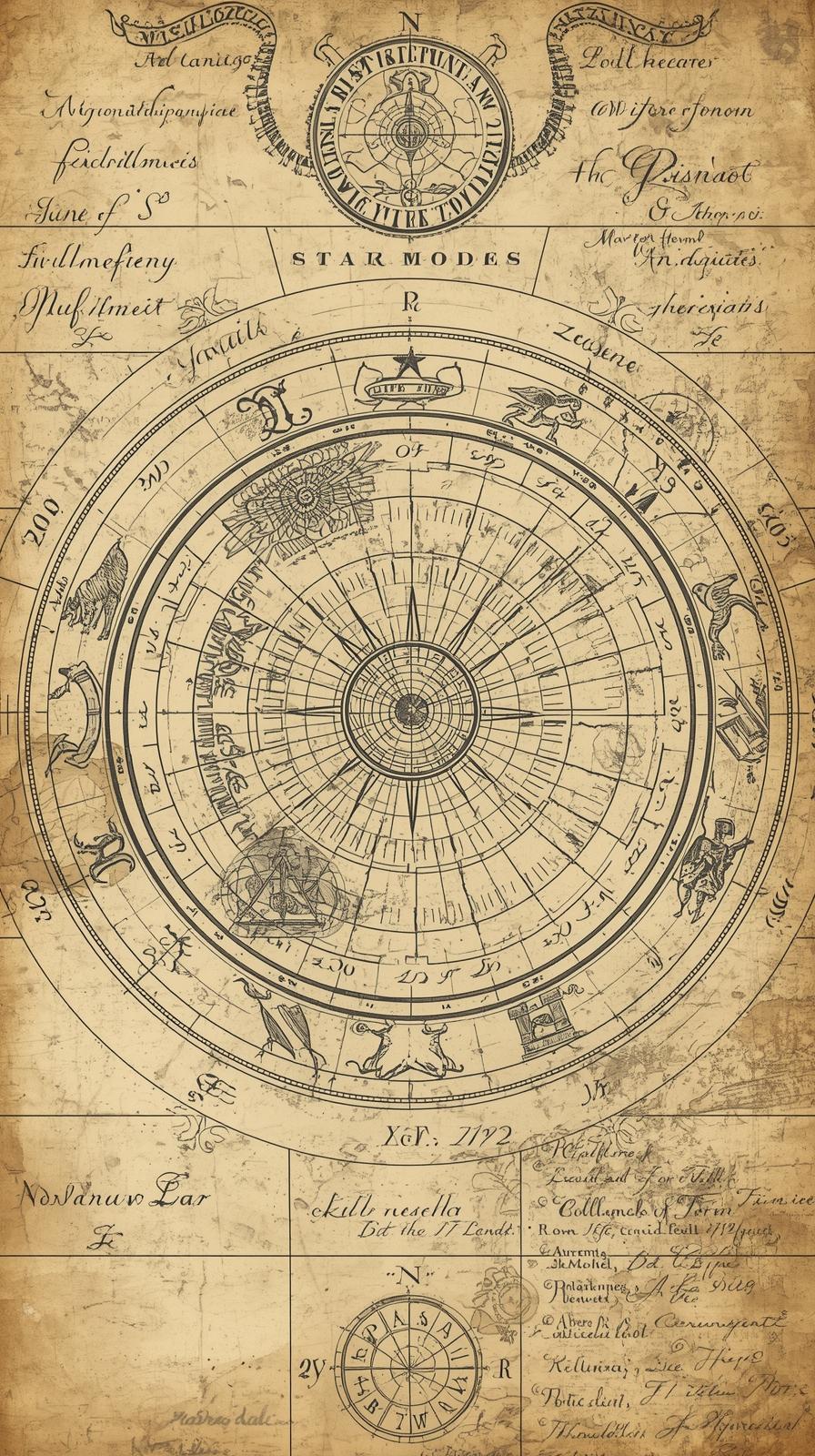 Celestial StarZodiac Wheel Copperplate Chart Aged