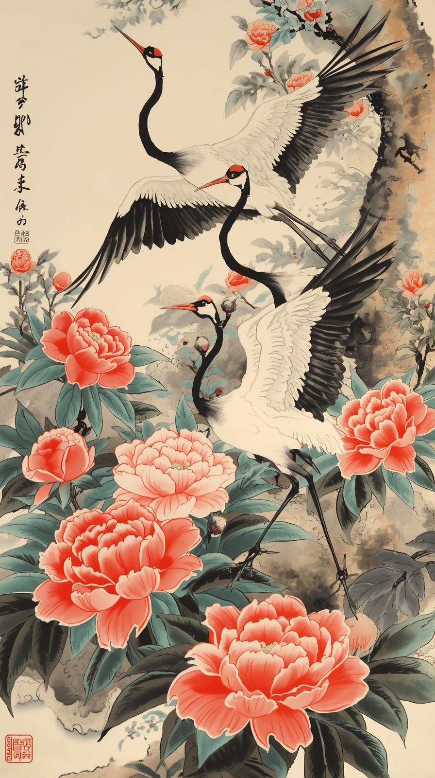 Chinoiserie Cranes And Peonies