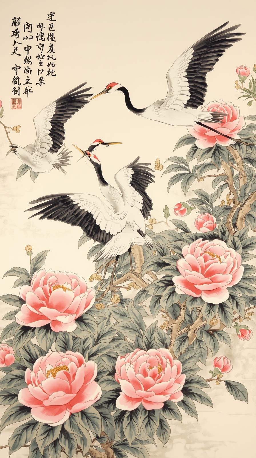 Chinoiserie Cranes And Peonies
