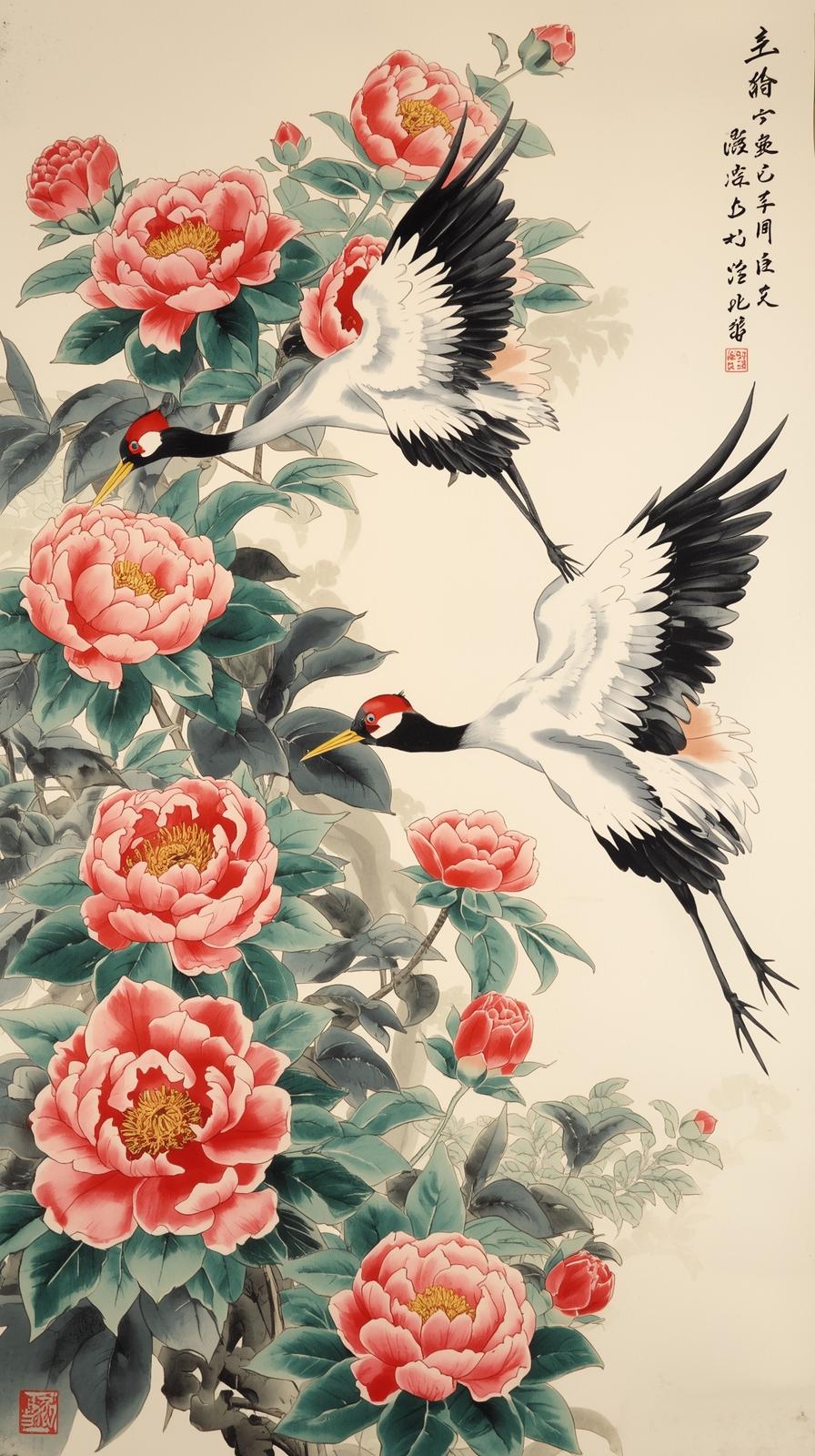 Chinoiserie Cranes And Peonies