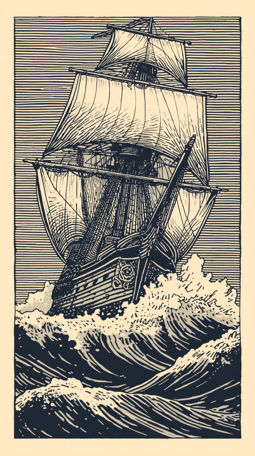 Nautical ComSailing Ship Woodcut Wavespass And Rop