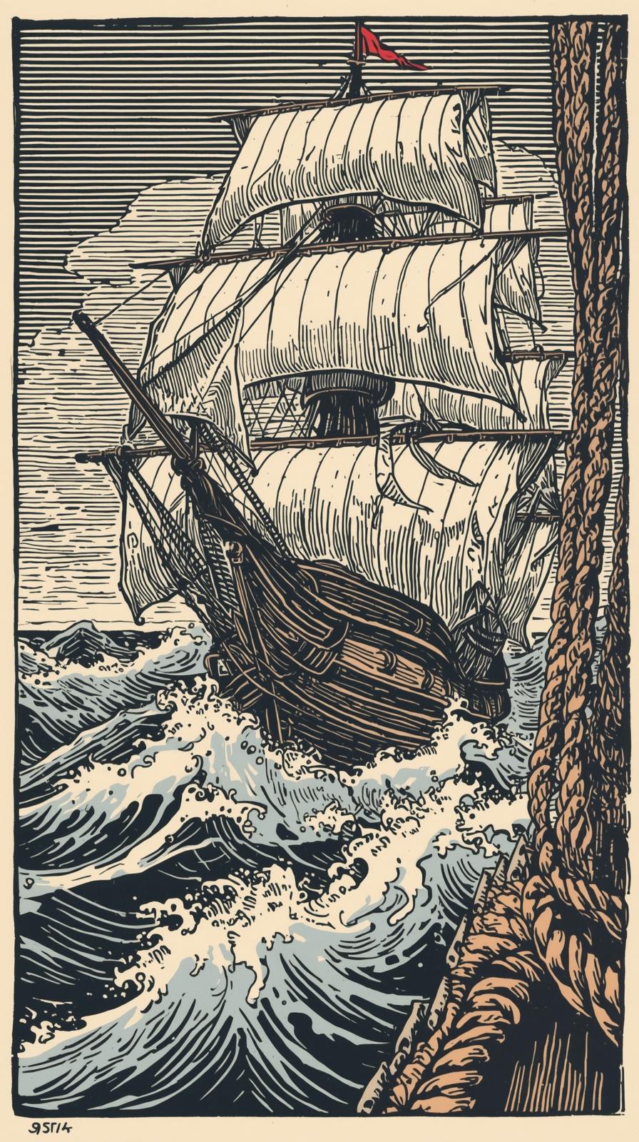 Nautical ComSailing Ship Woodcut Wavespass And Rop