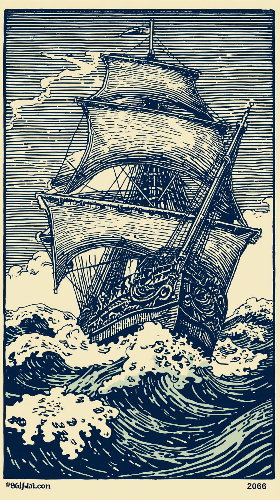 Nautical ComSailing Ship Woodcut Wavespass And Rop
