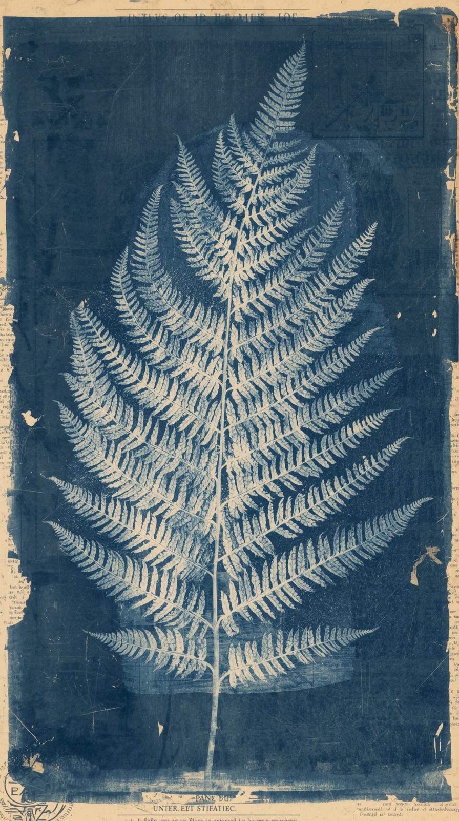 Newspaper CCyanotype Botanical Fern Platelippings