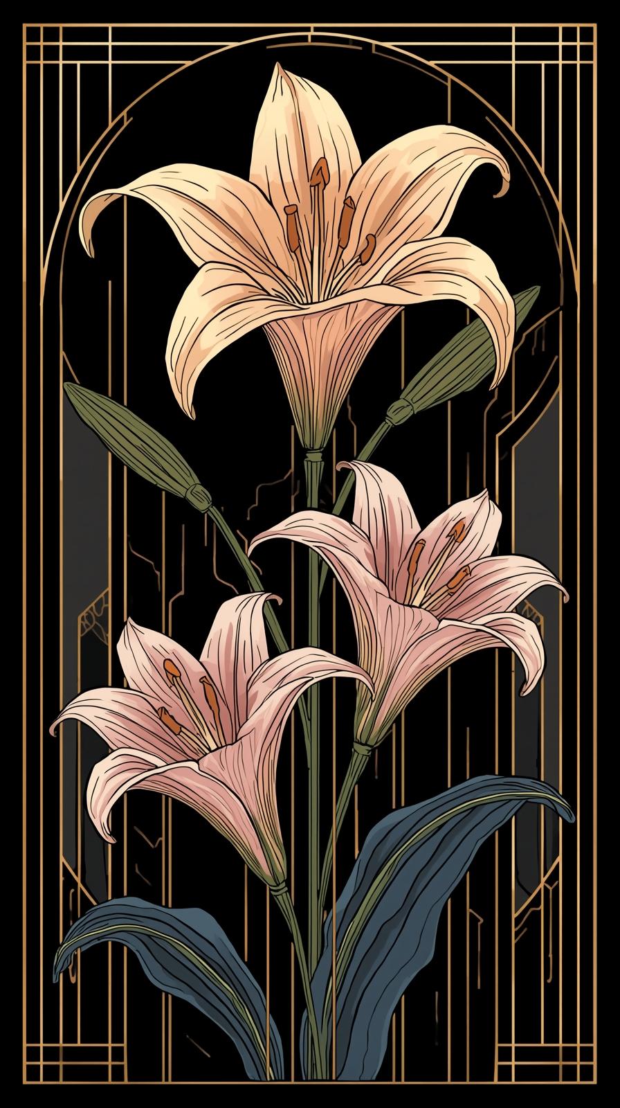 Art Deco GolArt Nouveau Lilies With Flowing Linesd