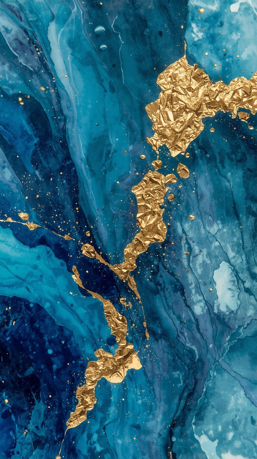Abstract Watercolor Wash In Ocean Blues With Gold