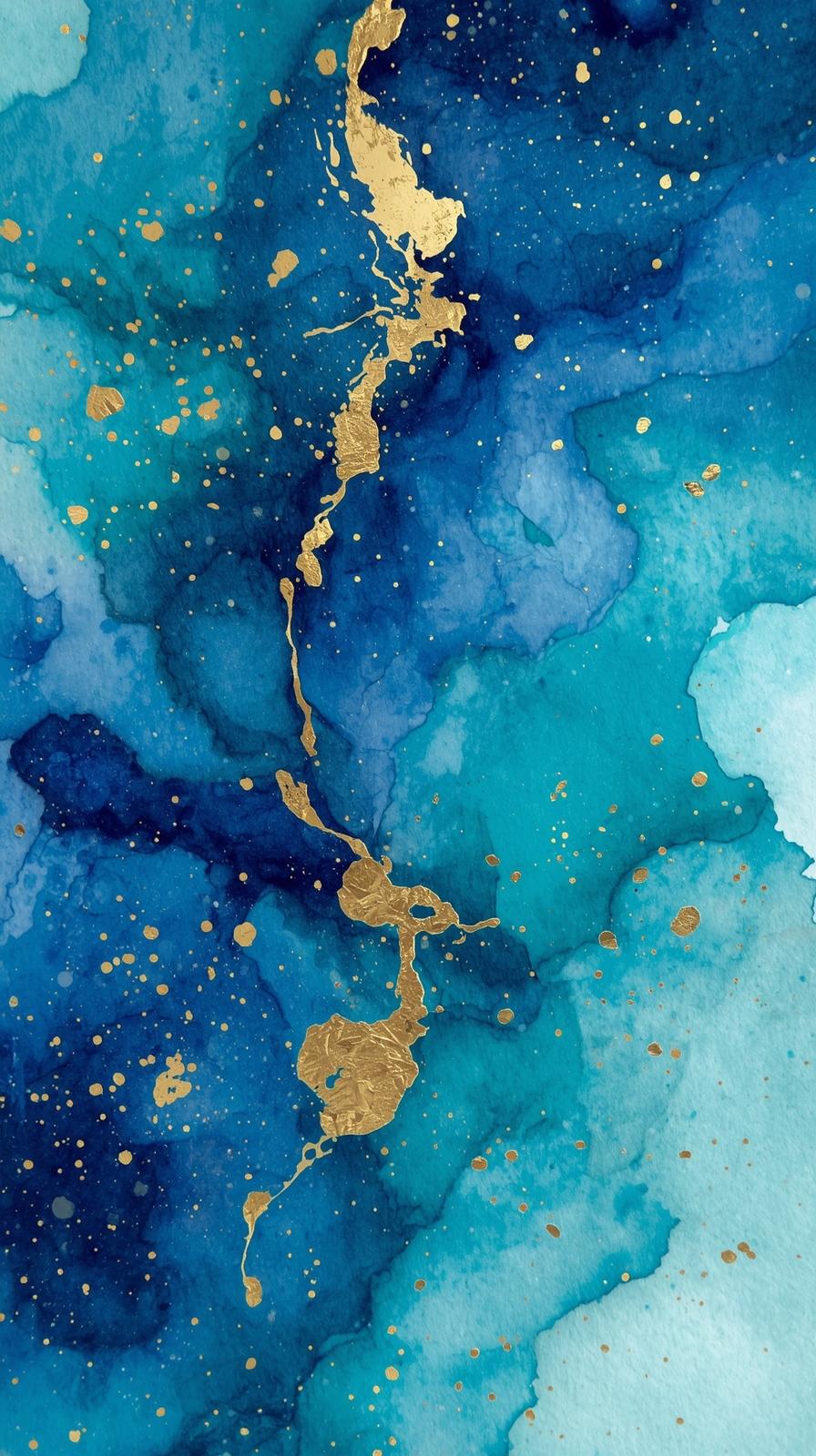 Abstract Watercolor Wash In Ocean Blues With Gold
