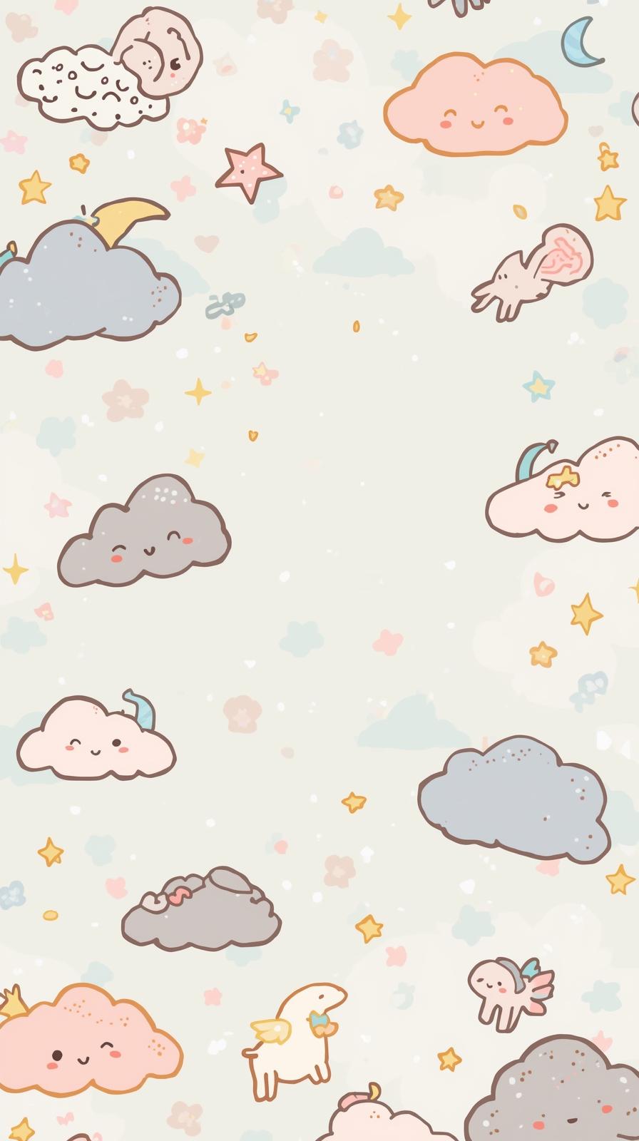 Cute Kawaii Clouds Stars And Pastel Doodles On A S