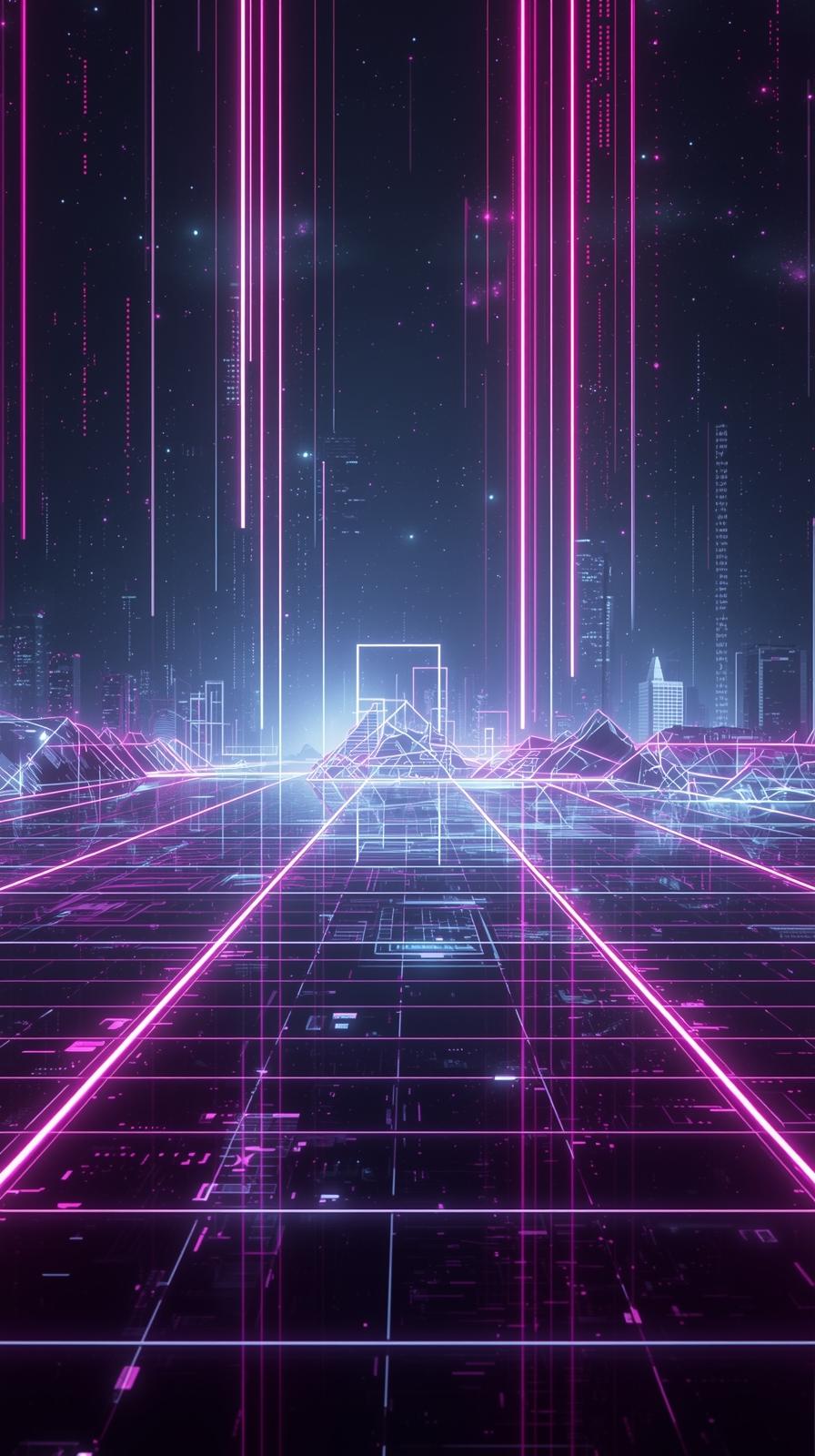 Dark Neon Cyber Grid With Glowing Elements And Vap