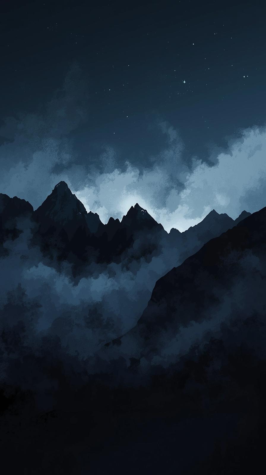 Dark Moody Mountain Silhouette At Dusk With Mist A