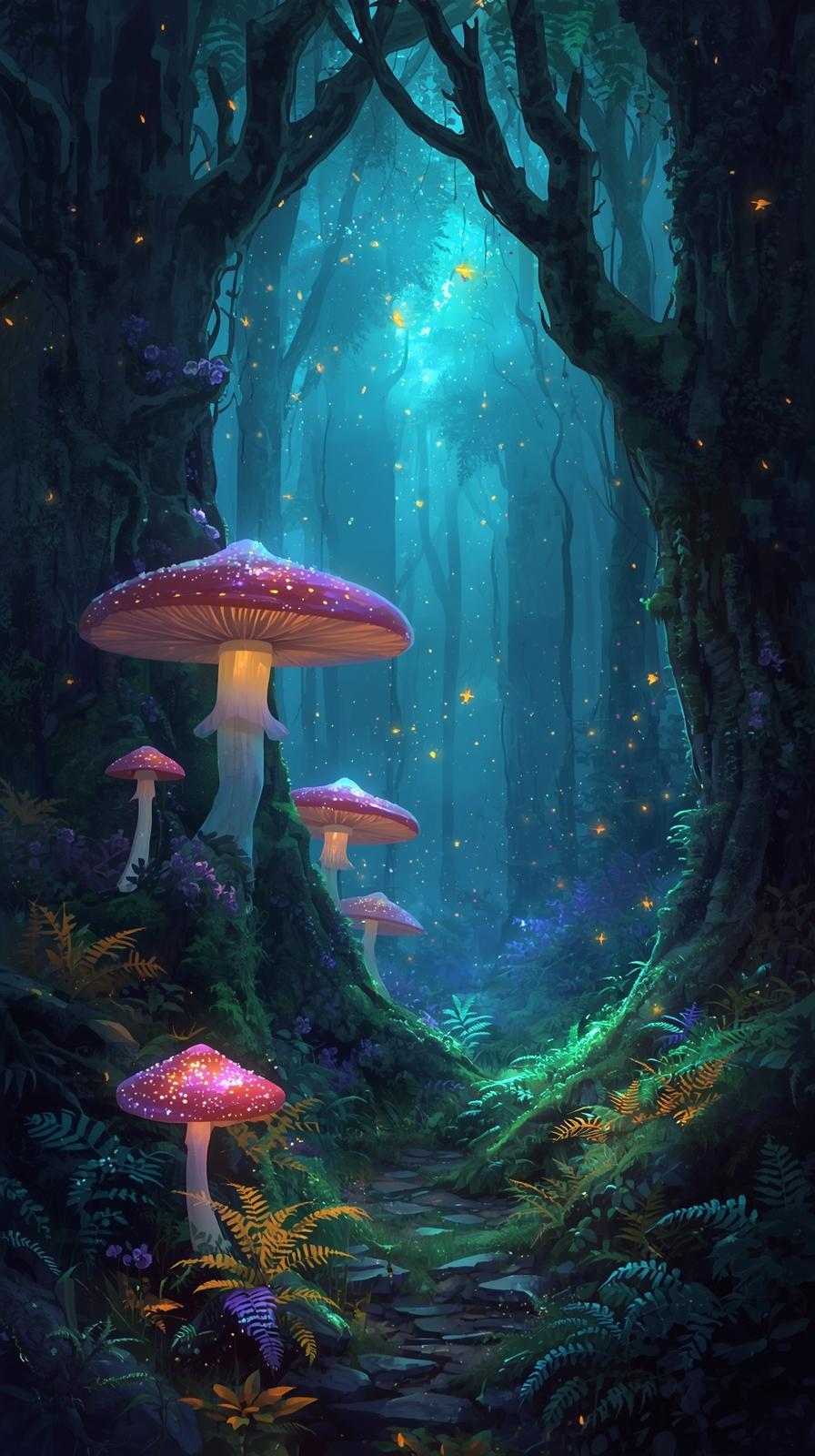 Fantasy Forest Scene With Glowing Mushrooms And Fi
