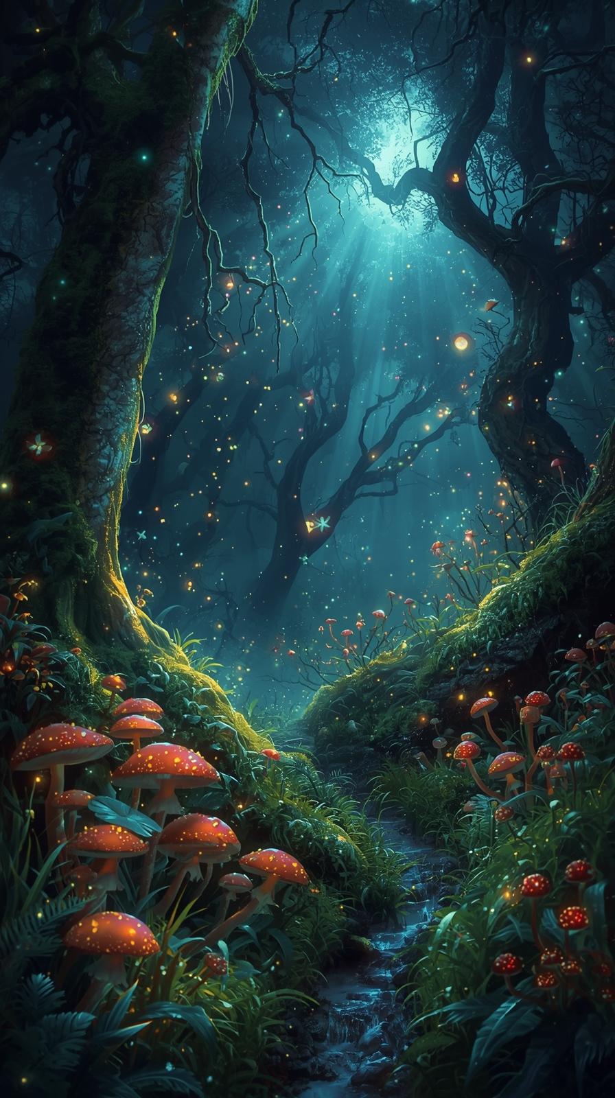 Fantasy Forest Scene With Glowing Mushrooms And Fi