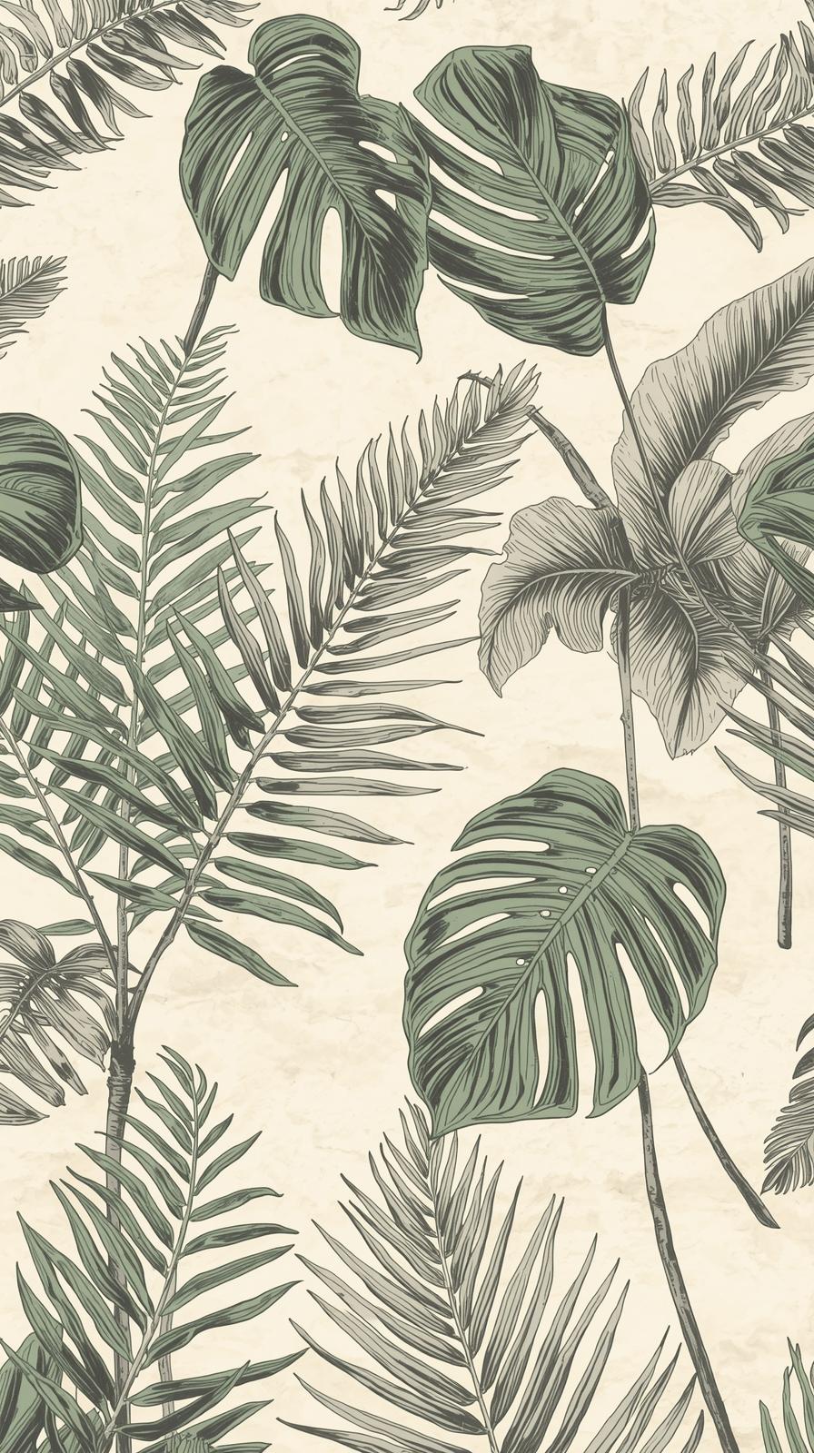 Hand Drawn Botanical Pattern Of Ferns And Monstera