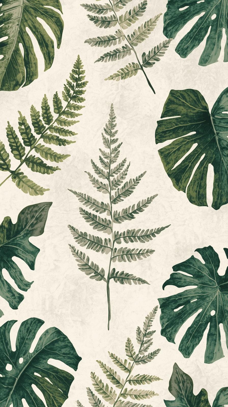 Hand Drawn Botanical Pattern Of Ferns And Monstera