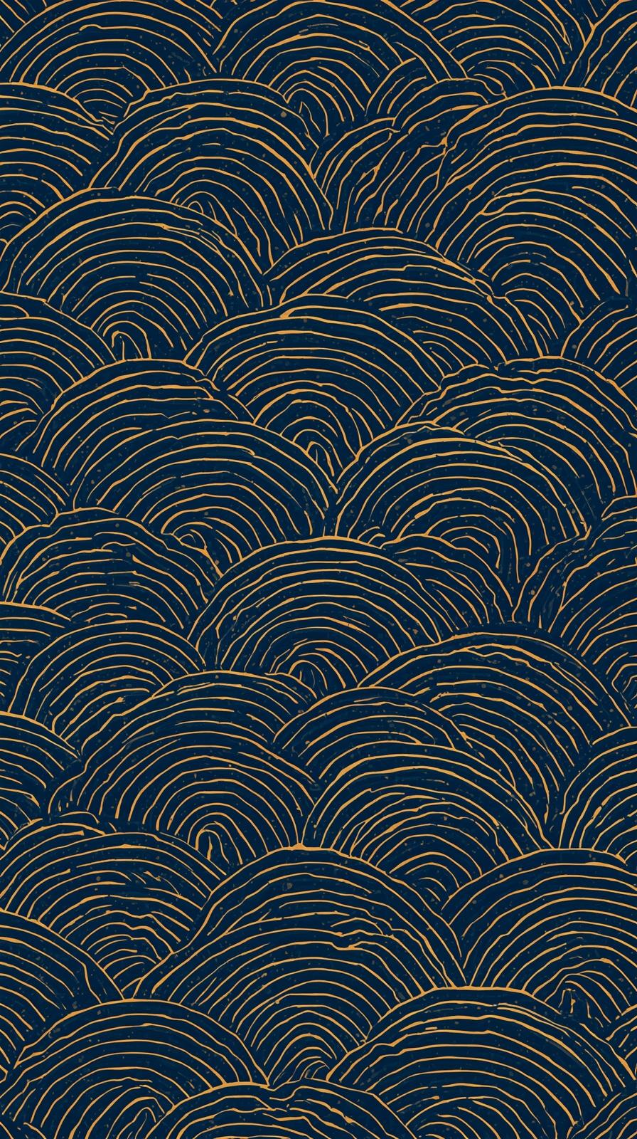 Japanese Wave Pattern In Deep Blue With Gold Outli