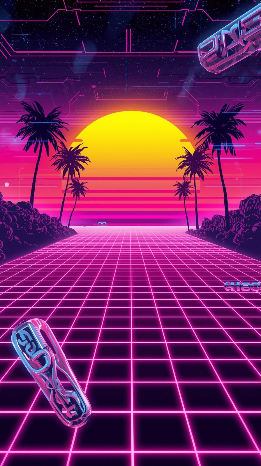 Retro   S Synthwave Grid With Neon Horizon Palm Si