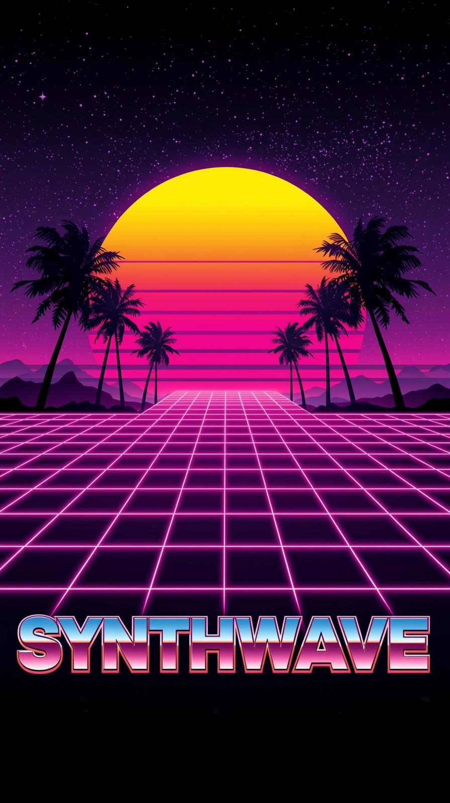 Retro   S Synthwave Grid With Neon Horizon Palm Si