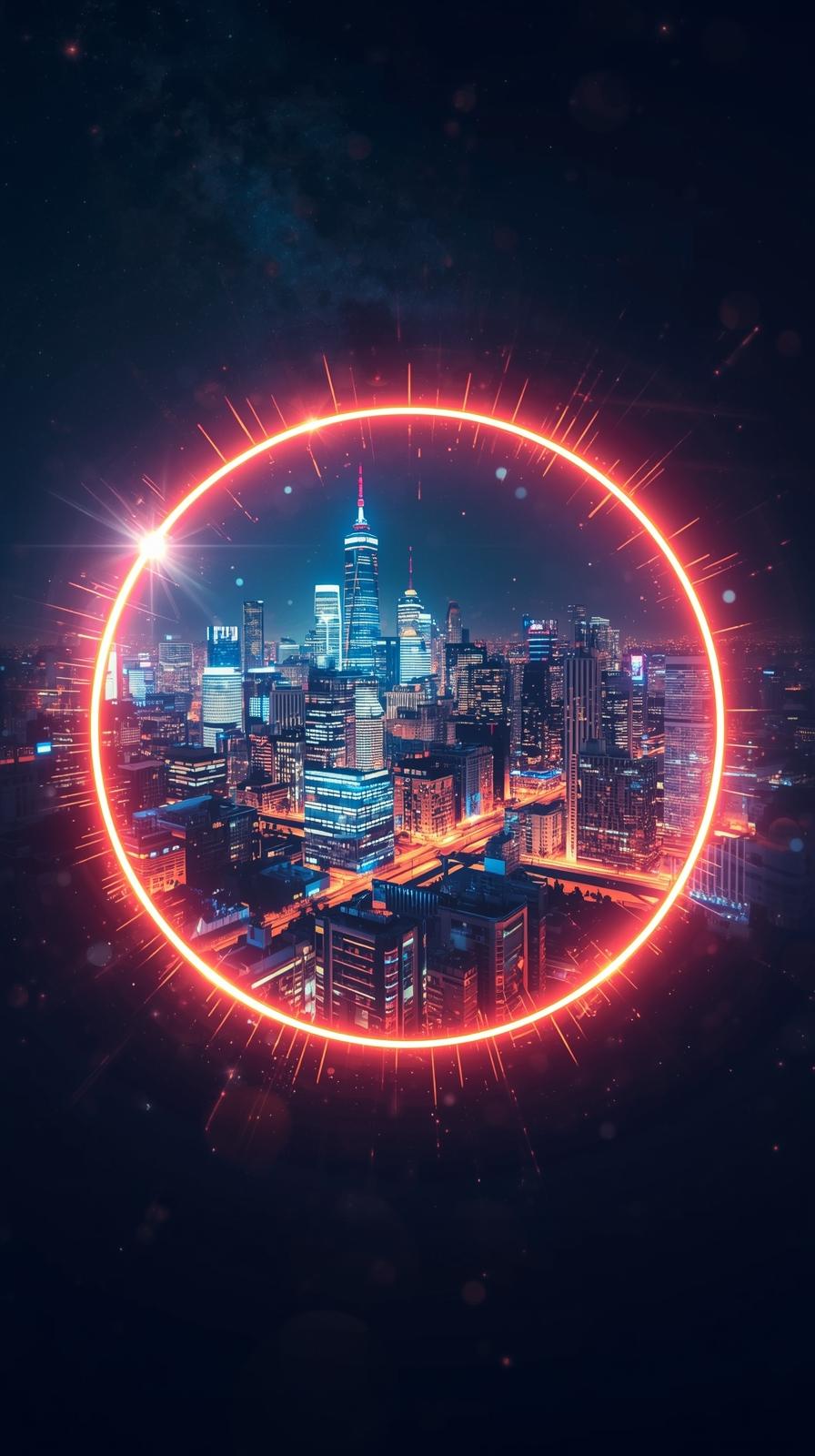 City Skyline Inside A Glowing Circle Aesthetic