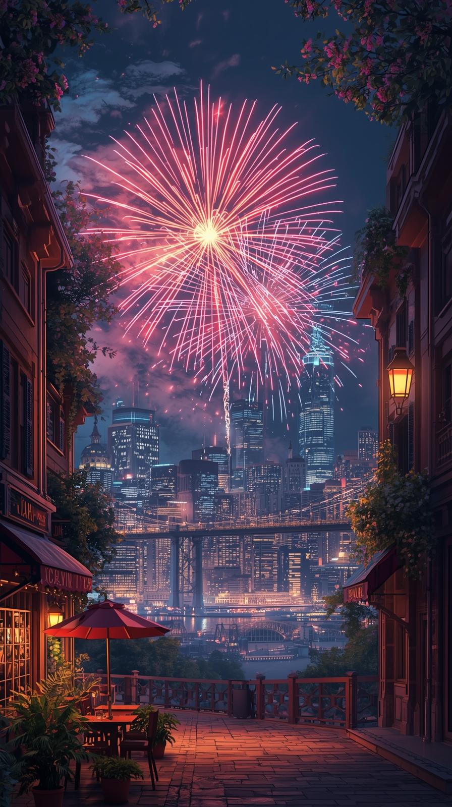 City Skyline With Fireworks In The Skysreet Caf Al