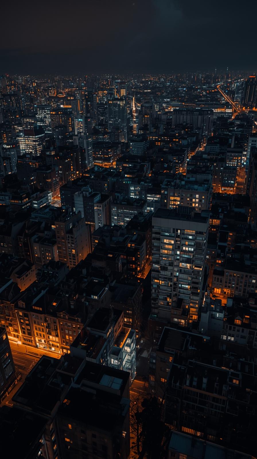 City Rooftops At Night With Glowing Windows