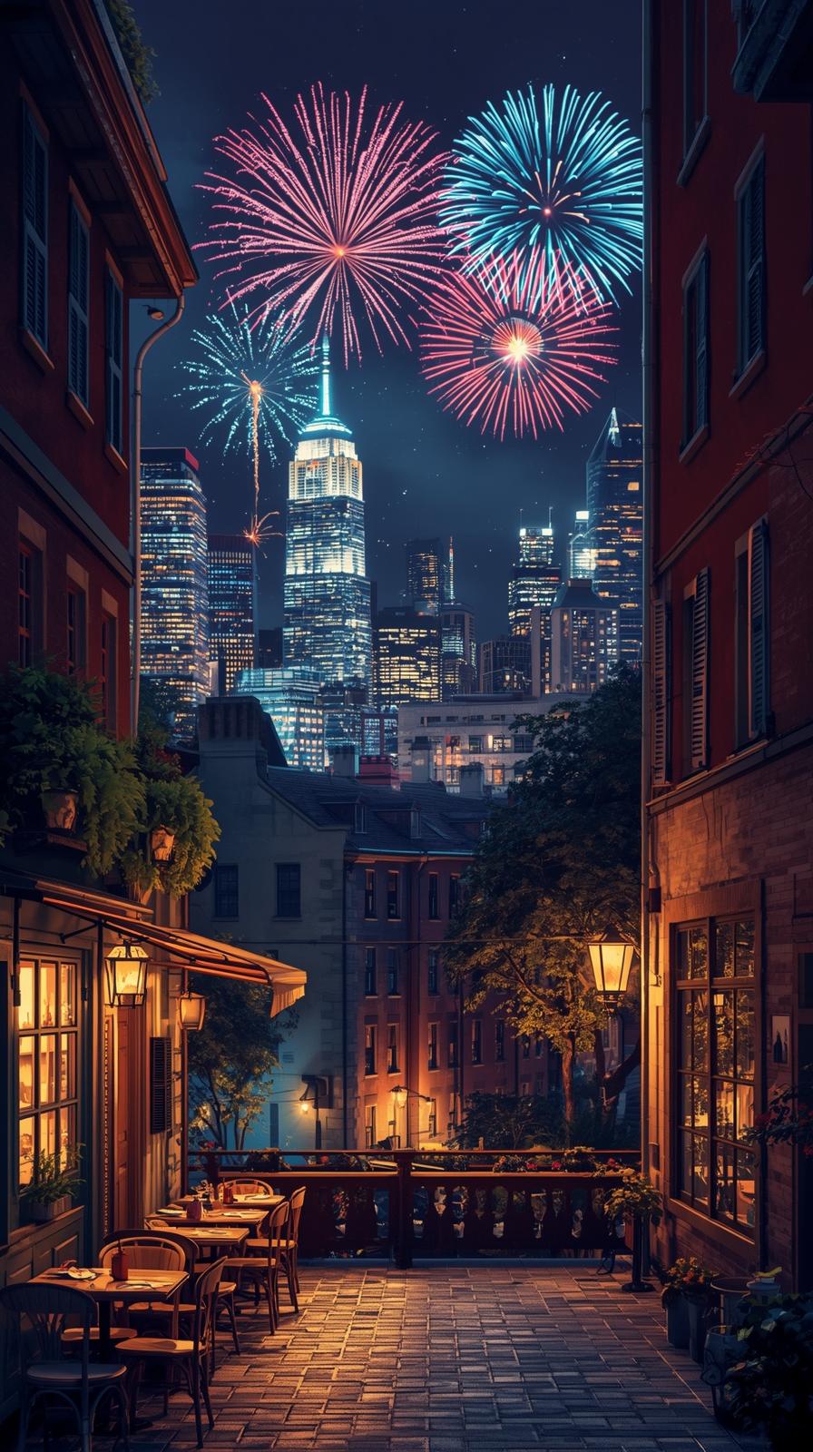 City Skyline With Fireworks In The Skysreet Caf Al