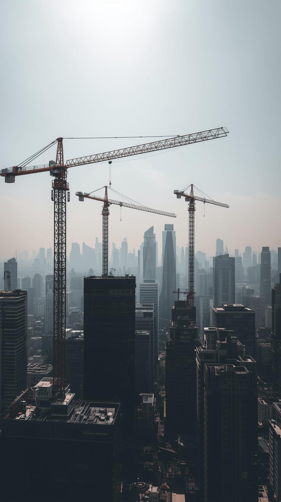 Construction Cranes Over A Developing City