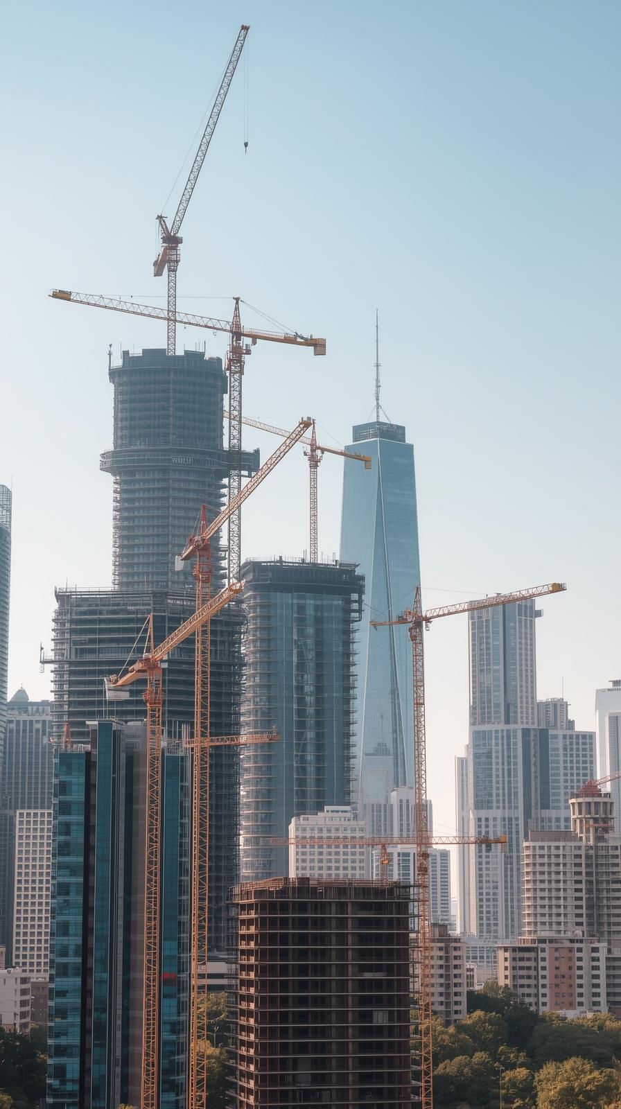 Construction Cranes Over A Developing City