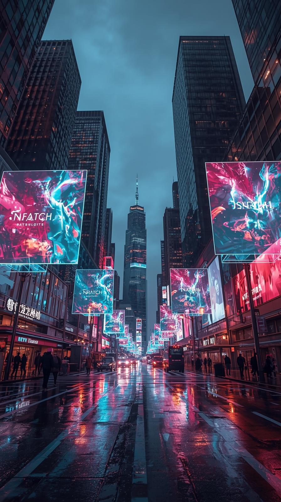 Cityscape With Floating Holographic Ads