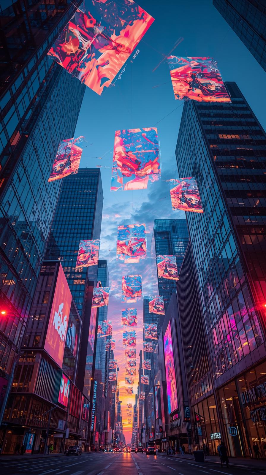 Cityscape With Floating Holographic Ads